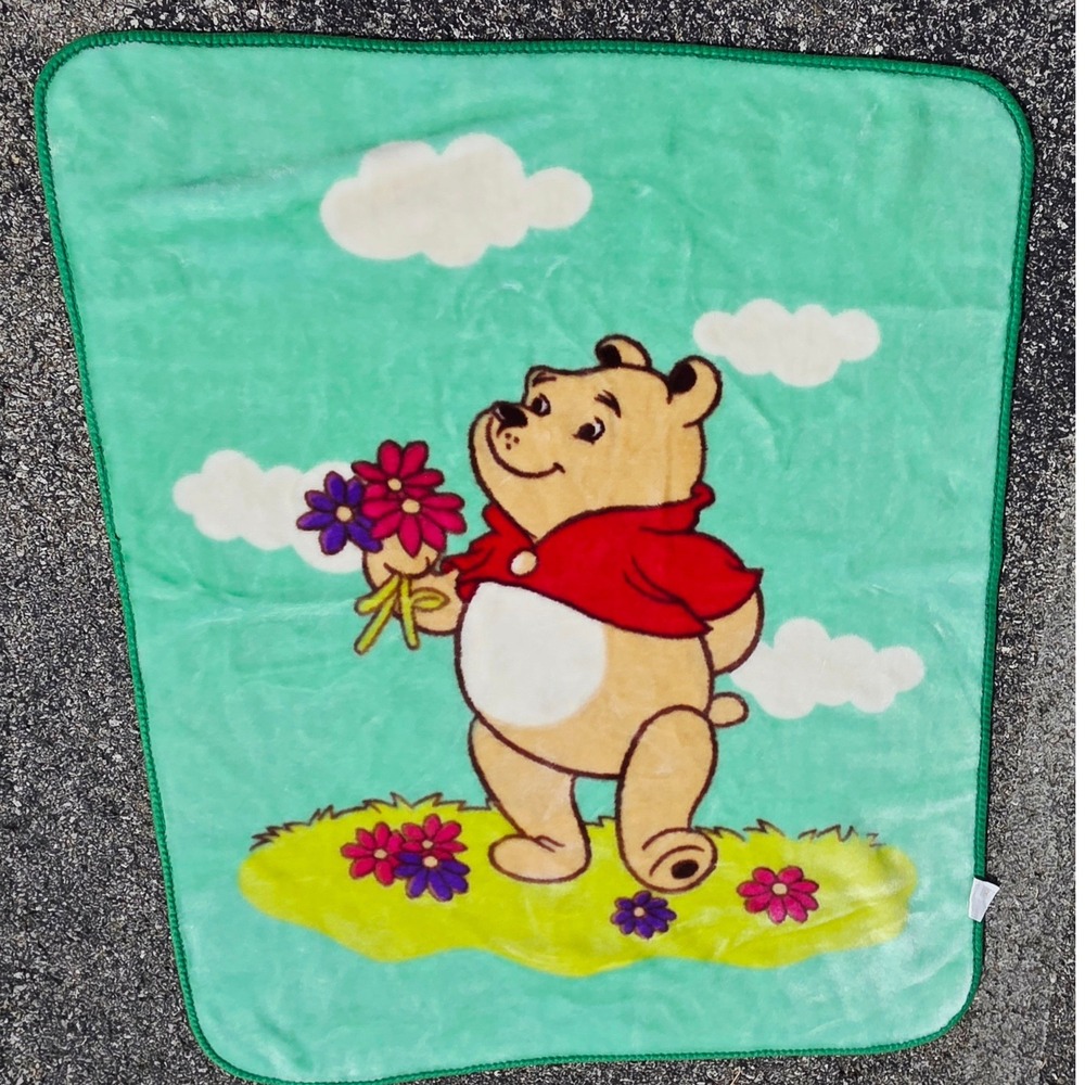 Winnie‎ the Pooh Plush Fleece Blanket Mint Green Disney Flowers 40x50 JP Import